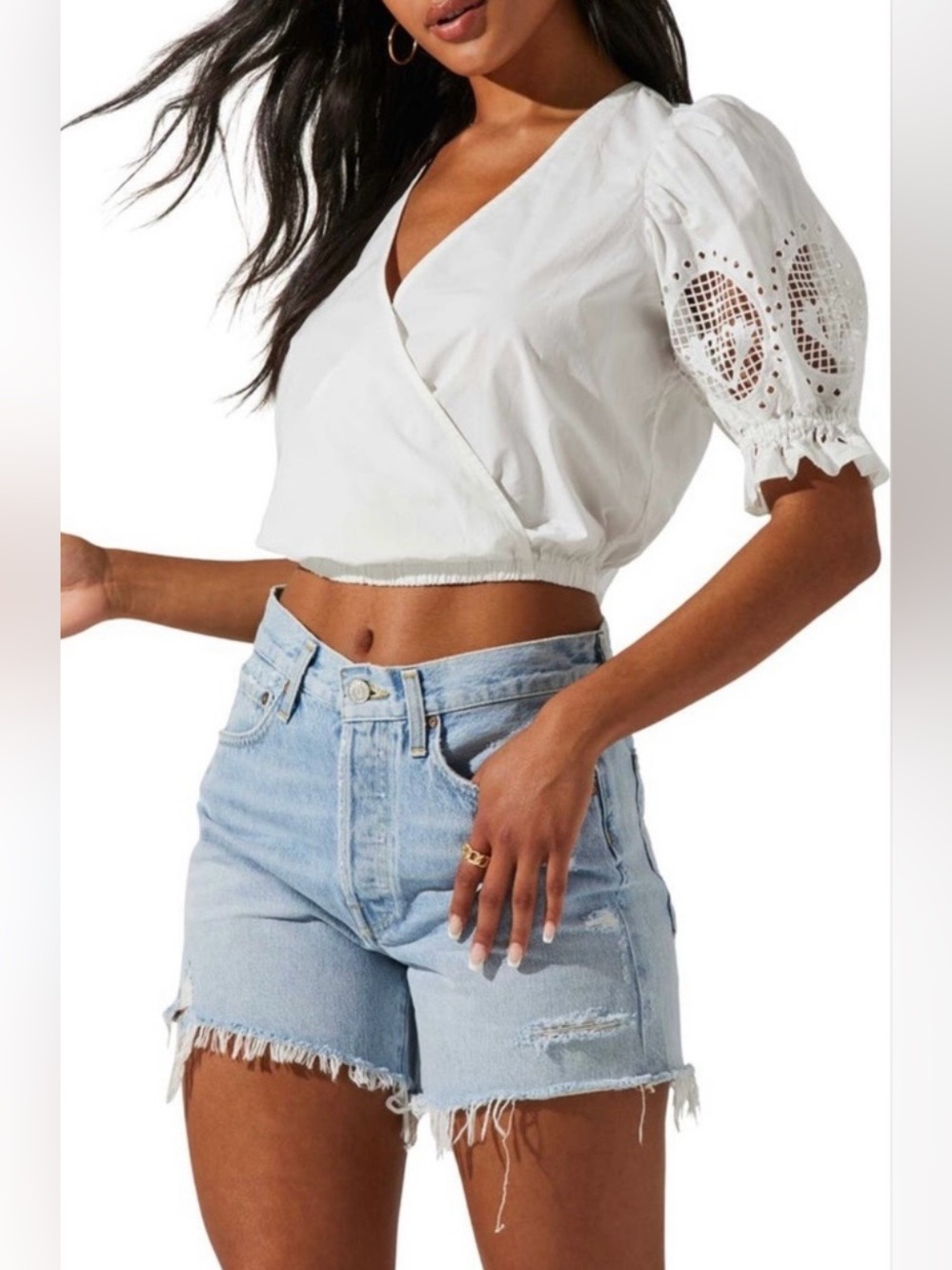 NWT ASTR The Label blouse features eyelet lace details on the sleeves